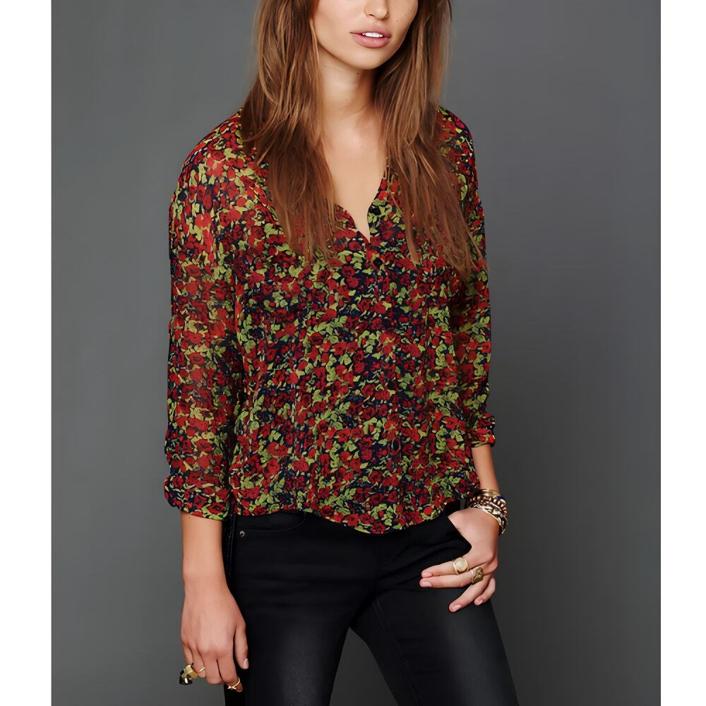 Free People FP Womens Sheer Floral Printed Long Sleeve Button Down‎ Shirt Size S